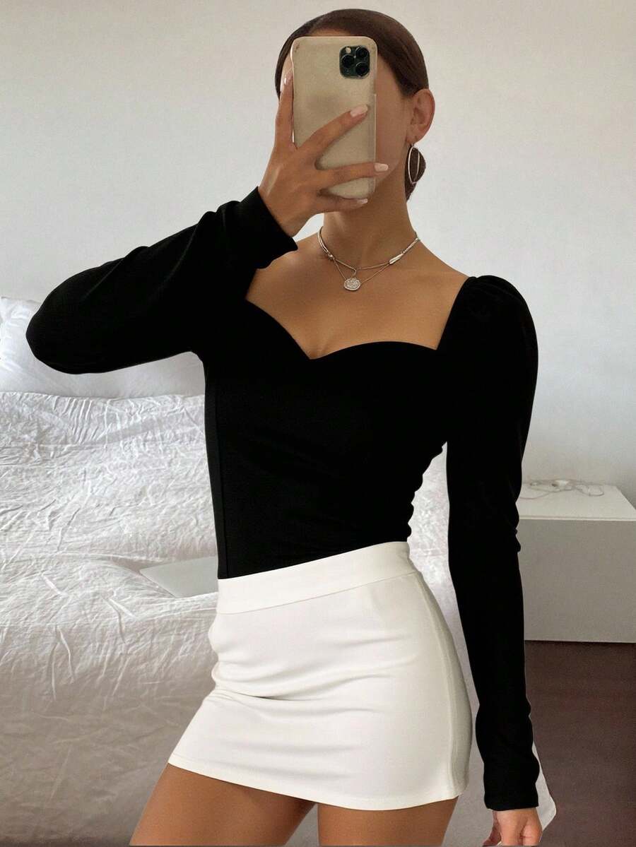 Livesso Solid Sweetheart Neck Puff Sleeve Blouse,Fall Clothes Long Sleeve Women Tops - Black - View 1