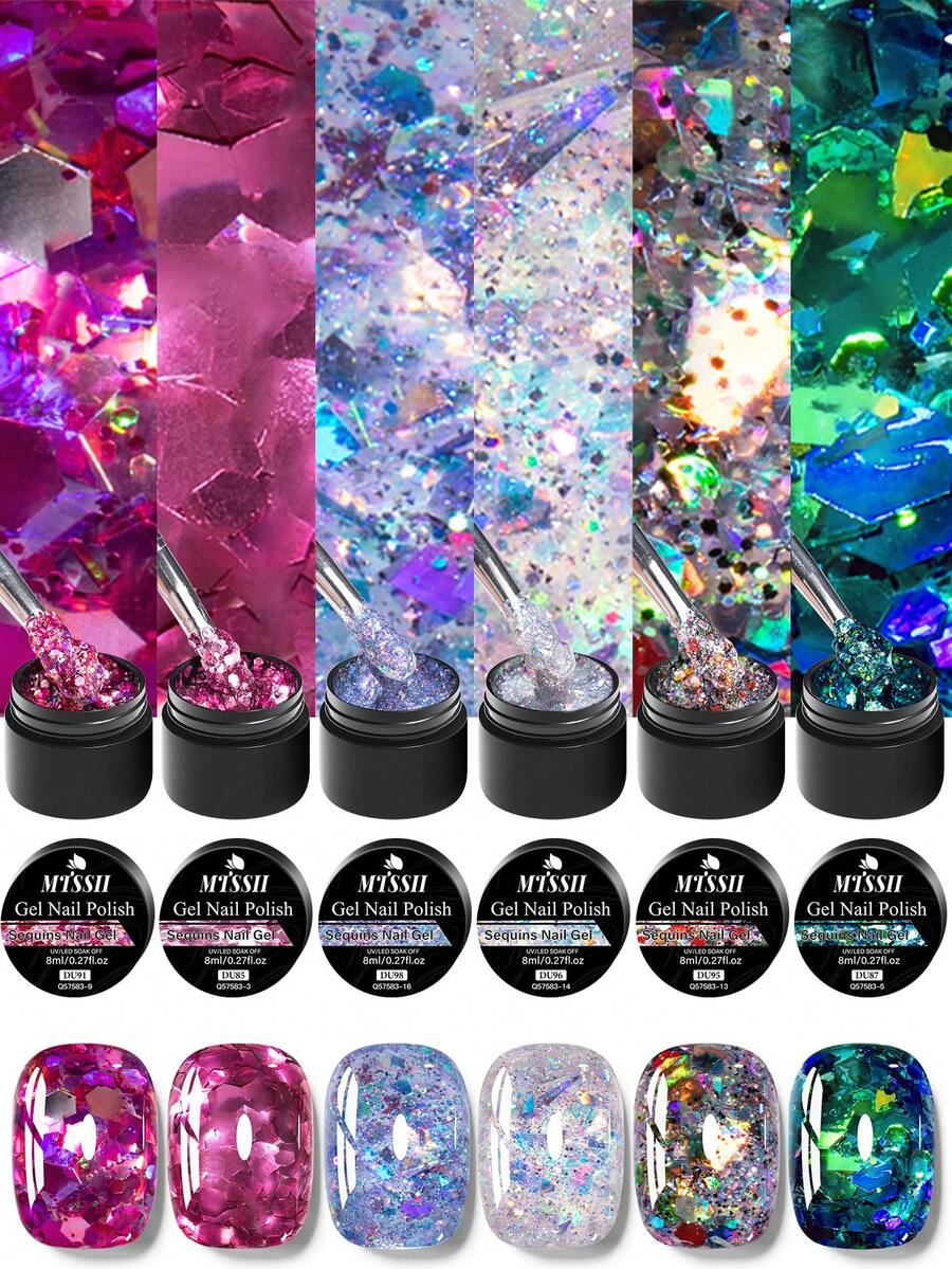 Mtssii 6件/套 8毫升 闪光凝胶指甲油 闪亮矿物亮片 可卸UV LED指甲凝胶 半永久美甲用品 美甲DIY