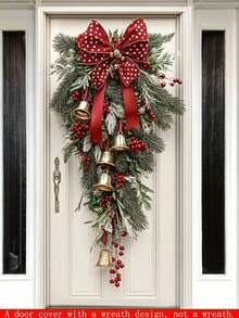 1 faixa de Natal para porta, com sinos dourados e padrão de fita vermelha, faixa de cortina de poliéster para porta, tamanho 183 x 90 cm, adequada para decoração de casa na porta da frente, faixa de festa para decoração de comemoração. Este é um produto de tecido, não uma guirlanda.