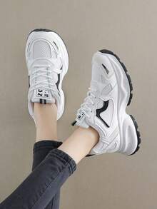 Women's Spring/Autumn New Sports Chunky Sneakers, Mesh Breathable Platform Low Vamp Wedge Heel Casual Shoes, Lightweight Versatile Fashion Casual Lace-Up White Grey Sneakers, White Blue - Black - View 8