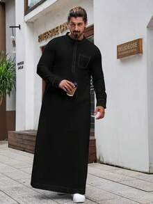 男士纯色休闲撞色长款阿拉伯传统长袍 - 查看 2