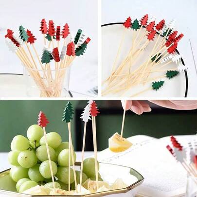 100 pièces/paquet Pics de fruits pour sapin de Noël jetables de 12 cm de long, cure-dents artistiques créatifs, brochettes en bambou jetables pour restaurant et usage domestique, pics à cocktail, pics à sandwich
