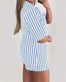"Women's Brown And White Striped Set With Blazer And Shorts In Casual Chic Style" - 藍色 - 查看 2