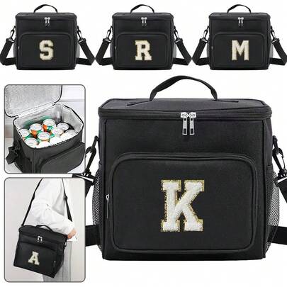 保温午餐盒袋单肩帆布袋保温午餐盒首字母 A 到 Z 紫色字母花朵印花大容量手提袋女士便携式工作食品储存手提包冷藏箱适用于办公室学校野餐露营旅行