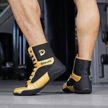 Sapatos de luta livre masculinos, sapatos de boxe de cano alto, sapatos de treino, botas de kickboxing, sapatos de artes marciais para fitness, sapatos esportivos profissionais de alta qualidade para homens, confortáveis, antiderrapantes, duráveis, respiráveis, com suporte para o tornozelo e sola texturizada. - Ouro Negro 25012 - Ver 6