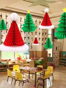 1/5pcs Red & White Christmas Honeycomb Hat, Christmas & New Year Shop Window & Indoor/Outdoor Decoration, Red Paper Honeycomb Ball Santa Hat, Tissue Paper Balls, Christmas Party Decor, Room Decoration