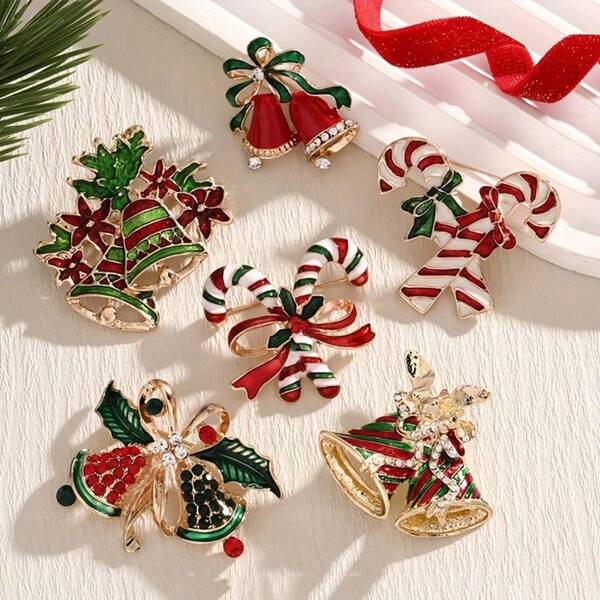 Set de 4 broches de campana y bastón de caramelo navideños - Perfectos para atuendos festivos, ropa de fiesta, decoración estacional, accesorios divertidos, estilo bohemio, artesanía delicada, alfileres ligeros, opción de regalo, imprescindible para entusiastas de la moda