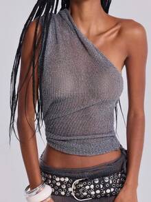 Women Sheer Knit Poncho Shrug Lightweight One Shoulder Pullover Top Asymmetrical Hem Cover Up Crochet Shawl - 銀色 - 查看 4