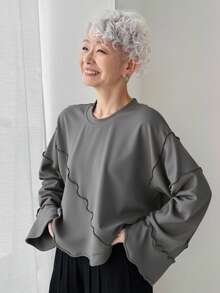 FRIFUL Women's Loose Crop Sweatshirt With Ruffle Hem, Grey, Spring - Grey - View 2