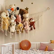 Toy Storage Hammock Net, Bohemian Corner Hanging Net Holder With Hooks, Plush Toys Storage Mesh Hammock, Home Decorations, Bedroom Decorations, Home Textiles, Fabric Storage Bags - White Basic - 查看 2
