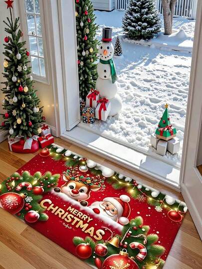 1 pezzo Zerbino per ingresso con Babbo Natale e renne adorabili, tappeto natalizio, tappeto in pelliccia, tappeto per ingresso, tappetino piccolo, adatto per ingresso, cucina, bagno