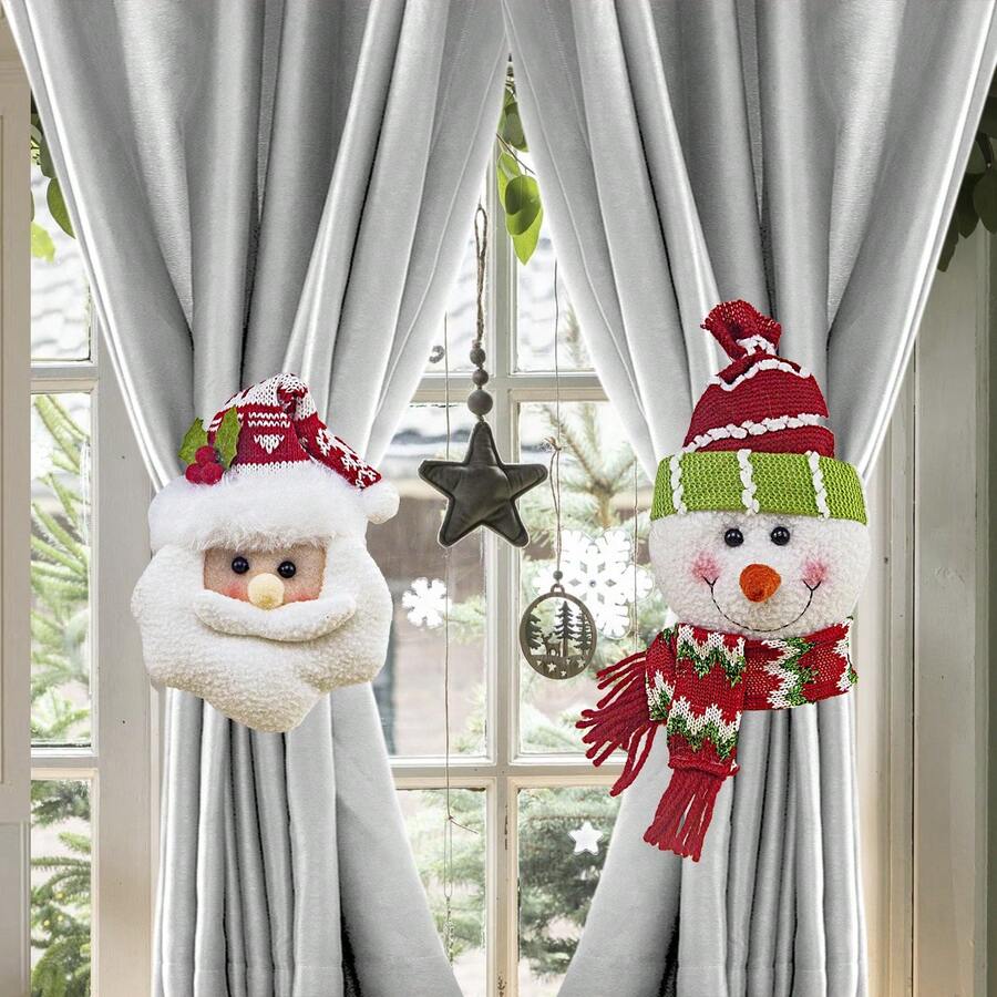 2 piezas Clips de cortina de ventana con diseño retro a cuadros de Papá Noel y muñeco de nieve, anillos de fácil colgado, adecuados para decoración navideña del hogar, decoración de puertas y ventanas para fiestas - Diseño navideño de Papá Noel y muñeco de nieve, aplicable para fiestas festivas, uso durante todo el año, decoración interior duradera y multifuncional, decoraciones navideñas