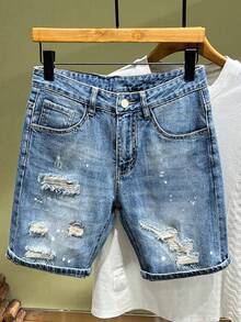 Quần short denim rách nam, kiểu dáng cổ điển, ống rộng rộng rãi, quần short thời trang đa năng, phong cách Emo - Rửa nhẹ - Xem 1