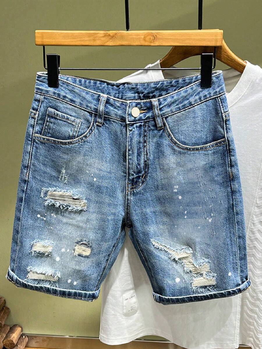 Quần short denim rách nam, kiểu dáng cổ điển, ống rộng rộng rãi, quần short thời trang đa năng, phong cách Emo - Rửa nhẹ - Xem 1