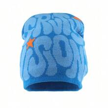 新款男女通用針織毛線帽，帽身印有字母圖案和提花紋理，秋冬保暖時尚 - 藍色 - 查看 4