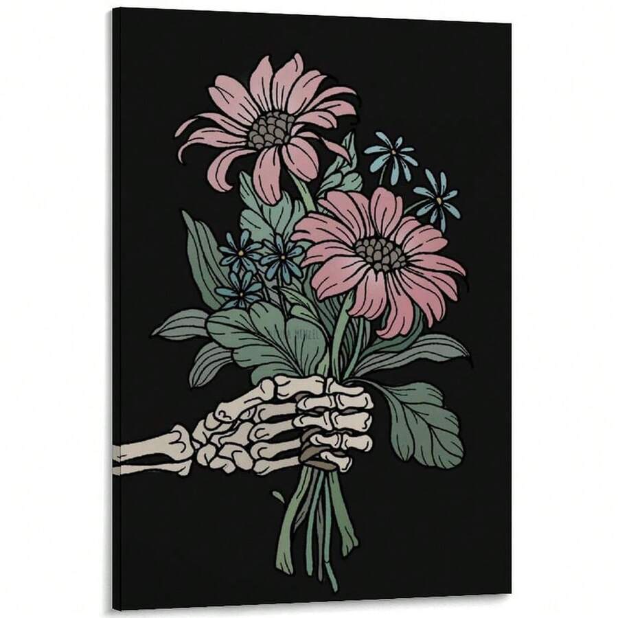 1PC Framed Art Poster With Flower And Skull Hand Design, Beautiful Wall Decor, Canvas Print, Perfect For Bedroom Decoration, Home Decor, Gift, Autumn Decor, Halloween Gift, Suitable For Living Room, Dining Room, Kitchen, Classroom, Bathroom, Study, Office, Apartment, Dormitory, Cafe, Hotel, Bar, Studio, Dressing Room, Hallway, Gallery, Etc. - Stylish And Aesthetic Wall Decor For Any Room. - 彩色 - 查看 1