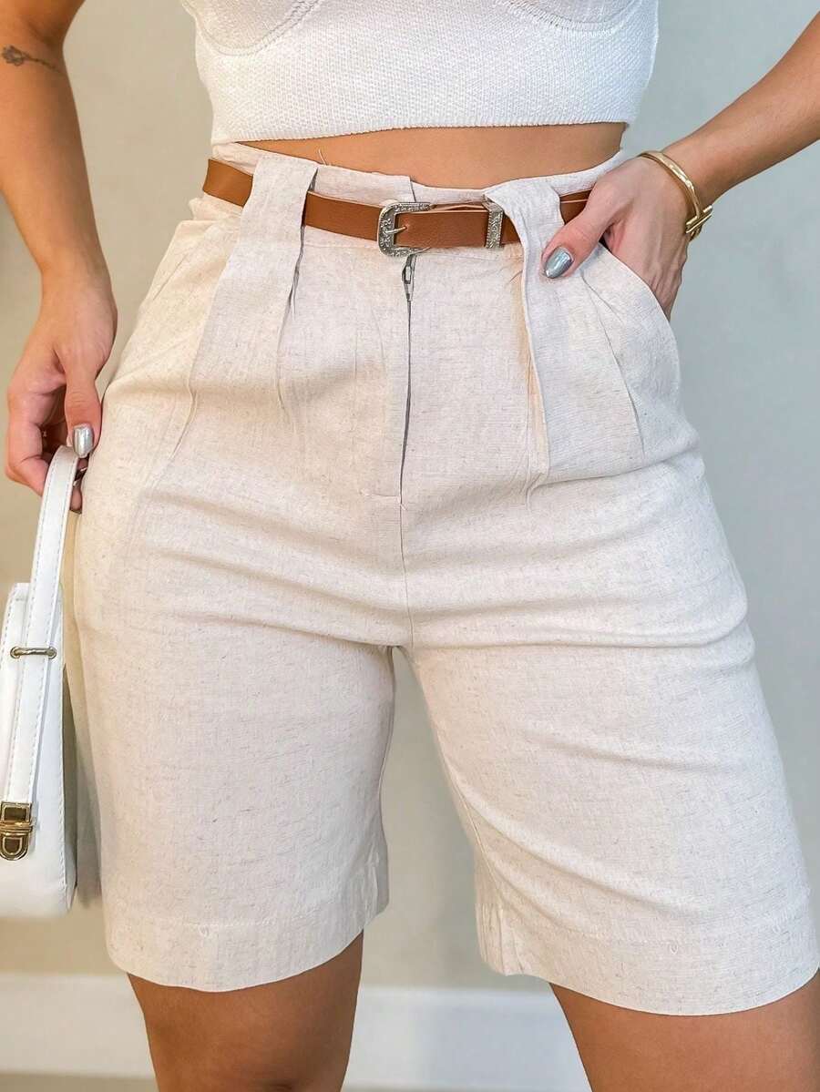 Women's Linen Shorts/Plinsaso/With Belt Loops/Knife Pocket/Includes Belt - New Beige - View 1