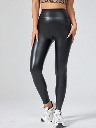 1件纯色PU女士高腰弹力提拉瑜伽户外运动紧身裤