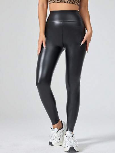 1Pc Solid Color Pu Women High Waist Elastic Lifting Yoga Outdoor Sports Leggings Tights