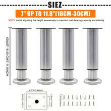 4 件可调节高度床支撑腿，适用于床架/床中心板条，金属可调节家具腿 3-16.5 英寸，适用于床/沙发/柜子/长沙发/梳妆台/桌子/椅子，重型床替换腿