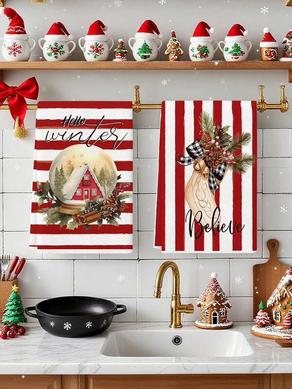 قطعتان من المناشف المطبوعة بألوان مائية لموضوعات عيد الميلاد مثل سانتا كلوز والزلاجة والرجل الثلجي والشجرة والكرة والهدية والجرس والجوارب والنجمة والصنوبر والكرة الزجاجية والقرفة، مناسبة كهدايا عيد الميلاد للعائلة والأصدقاء، وللاستخدام في المطبخ وغرفة الطعام وعلى طاولة الطعام