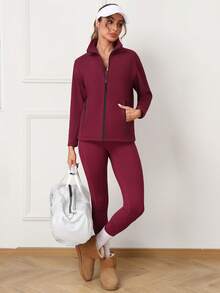 Damen Outdoor Fleecejacke, einfarbig, modisch-Lässig mit Taschen, dick gefüttert, slim fit, geeignet für Herbst/Winter Yoga, Fitness, Laufen, Outdoor-Sport, Rot