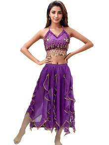 Bộ đồ múa bụng hai mảnh dành cho nữ: Áo croptop hở lưng đính sequin và chân váy chiffon bất đối xứng họa tiết lá sen. - Nhiều màu - Xem 13