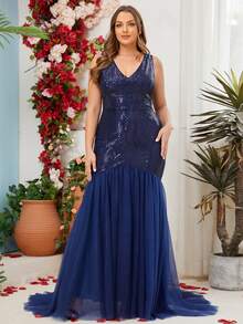 Vestidos de fiesta formales de talla grande para mujer con lentejuelas y parches de malla con diseño de sirena, adecuados para fiestas, graduaciones, actuaciones, bailes de graduación, primavera/verano/otoño/invierno - Azul Marino - Ver 5