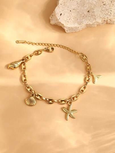 1pc Stainless Steel Unique Design Versatile Starfish & Seashell Pendant Bracelet For Women, Exaggerated Beach Vacation Style, New Ocean Bracelet, Non-Fading Accessory