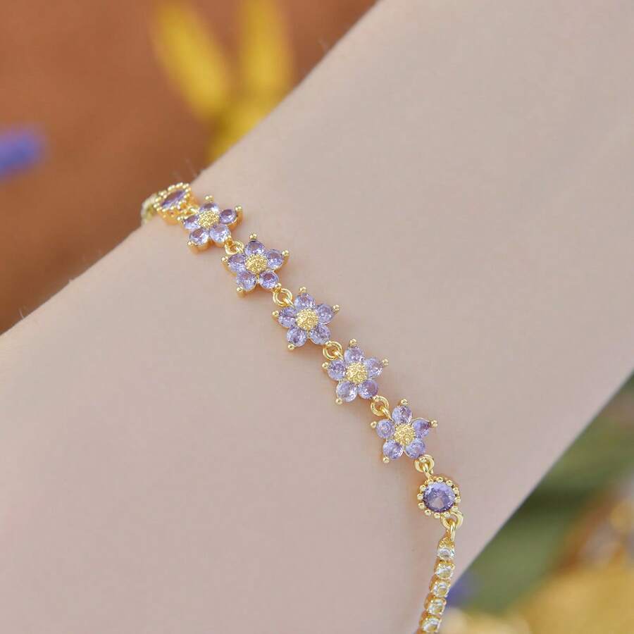 Light Luxury Flower Alloy Bracelet, Retro Pull-Out Adjustable Design Women's Palace Style Bracelet, Valentine's Day Gift - 紫色花朵鋯石手鍊 - 查看 1