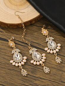 3件套奢华仿珍珠吊坠耳环+头链首饰套装，适合女士日常佩戴和女孩派对佩戴