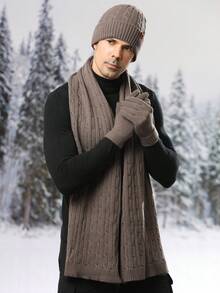 3pcs Men's Winter Knitted Beanie, Long Scarf, And Touch Screen Gloves Set, Double-Layer Thick Lining, Striped & Jacquard Pattern, Faux Fur Pom Pom, Snowflake Decor, Warm Outfit For Skiing, Travel, Cycling, Driving, Dating, Gift For Men, Daily Use