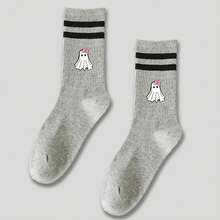 1 Par de Meias Médias Femininas Fofas com Laço e Estampa de Fantasma, Meias Brancas de Camada Dupla, Meias Longas Folgadas, Meias Listradas Pretas e Brancas, Meias Casuais Macias, Confortáveis e Respiráveis, Adequadas para Uso Diário, Festa de Halloween, Baile, Casa