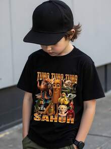 Young Boys Funny Letter Slogan "Tung Tung Tung Sahur" And Wooden Stick Figure Print Short Sleeve T-Shirt, Casual Summer