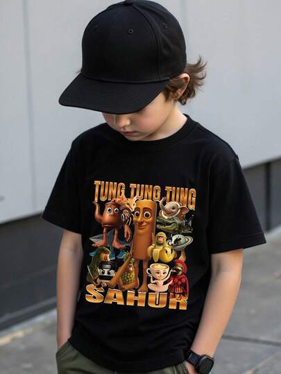 Young Boys Funny Letter Slogan "Tung Tung Tung Sahur" And Wooden Stick Figure Print Short Sleeve T-Shirt, Casual Summer