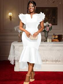 大码性感荷叶边短袖玫瑰连衣裙。优雅高腰，凸显曲线，鱼尾裙摆设计，适合正式场合、约会、派对、婚礼、伴娘、毕业典礼、婚礼宾客、返校、情人节等场合。 - 白色 - 查看 4