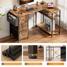 HLONONE Desk 120/140 Cm With 3 Fabric Drawers & Storage Bag, Corner Computer Desk With Shelves For Office & Home Office, 4 Colors - 棕色 - 查看 5