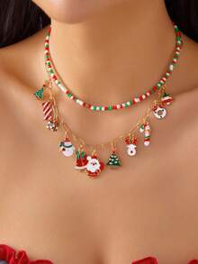 1 buc Lanț Reglabil din Aliaj cu Mărgele din Lut Polimeric, Colier cu Pandantiv de Crăciun cu Mai Multe Straturi, Moș Crăciun, Brad de Crăciun, Om de Zăpadă - Colier la Modă și Versatil pentru Femei, de Crăciun, Sărbători, Petrecere, Evenimente, Bijuterii Choker - Cadou (Culoare Aleatoare)