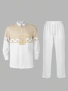 2 pièces Ensemble chemise et pantalon Dashiki - Style élégant et chic, imprimé blocs de couleurs et chemise à manches longues avec col montant, pantalon à taille élastique, ensemble 2 pièces confortable et inspiré de l'Afrique pour le port casual, les fêtes, les mariages et les événements culturels