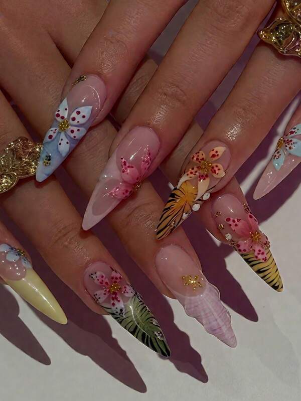 24 Pieces Of Long Pointed-Shaped Pressing Nails, Green, Yellow, Blue French Leopard Nails, Pink 3D Embossed Flowers Covering All The Pressing Fake Nails, Accompanied By A Jar Of Gel And Nail Polish Remover, Suitable For Ladies And Girls' Parties, Dates, And Daily Wearing Beauty Nail Accessories Nails