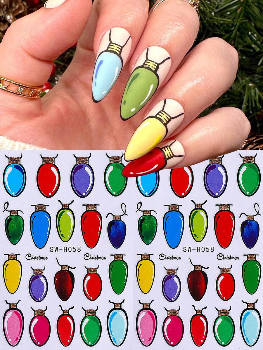 قطعتان من ملصقات أظافر بأضواء عيد الميلاد اللامعة، ملصقات ديكور أظافر ثلاثية الأبعاد بتصميمات كتب الكوميكس والأضواء، تصاميم فنية للأظافر ذاتية اللصق لحفلات الشتاء وعيد السنة الجديدة للنساء والفتيات