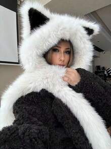 1pc Soft Plush Cat Ear Hat With Integrated Scarf, Unisex Winter Warm Fashion, Lightweight Knitted, Snap Closure, Suitable For Singles Party, Fuzzy Fox Hat, Autumn/Winter Bomber Hat With Scarf, Cute Bear Hat For Cycling Autumn Outfits Valentines Gift - Multicolor - View 2