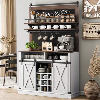 Techigher Tall Coffee Bar Cabinet,Farmhouse Buffet Cabinet With Sliding Barn Door,Freestanding Liquor Cabinet,Kitchen Hutch Food Pantry With Microwave