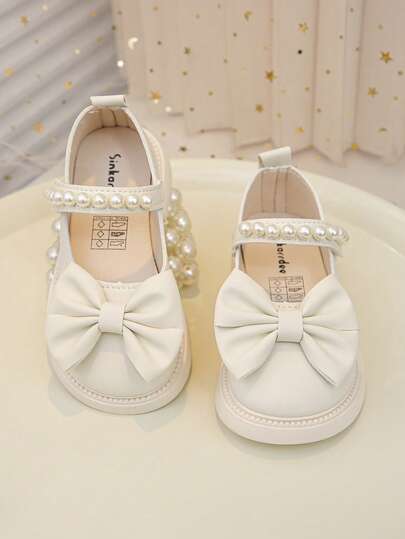 1双女童/儿童时尚优雅简约舒适珍珠蝴蝶结软底平底公主鞋，适合搭配连衣裙、牛仔裤、居家穿着、演出等，适合春、夏、秋季穿着。