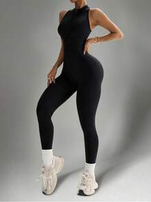 Sleeveless Workout Jumpsuit For Women Zip Up Romper Shorts V Back Scrunch Sexy One Piece Tummy Control Christmas - Black - View 6