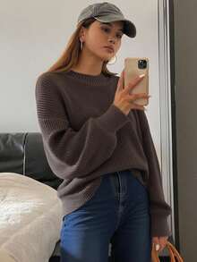 Livesso Eyelet Detail Ribbed Knit Drop Shoulder Sweater,Long Sleeve Tops,Fall Clothes - Coffee Brown - View 3