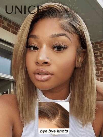  Wigs For Women Ombre Honey Blonde Straight Bob Wig 7x5 Lace Closure Pre Cut Pre Bleached Glueless Wig 100% Human Hair Bob Wigs Bye Bye Knots Lace Front Blonde With Medium Brown Roots Pre Cut Pre Plucked Pre Bleached Effortless Wear Unice Hair