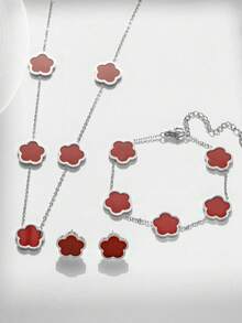 4pcs/Set Stainless Steel Fashionable Clover Flower Stud Earrings, Bracelet, Necklace Set For Women (Clover Welding Position Random)