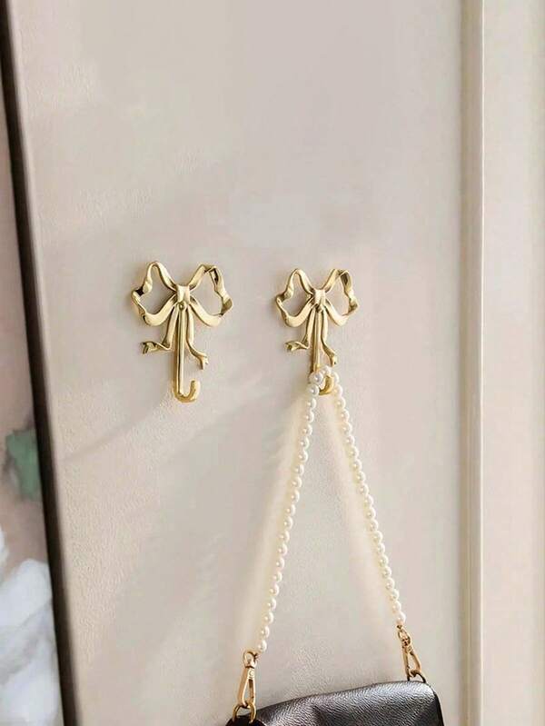 2pcs Gold Brass Bowknot Hooks - Polished Wall Mounted Decorative Hooks With Screws, Ideal For Coats, Towels, Bags, Doors, Bathrooms, Kitchens And Bedrooms, Suitable For Holiday Decorations Like Thanksgiving, Valentine's Day, Halloween, Christmas, New Year