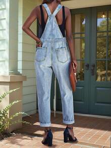 Pantalones de peto de mezclilla desgastada de moda, mono casual versátil para mujeres